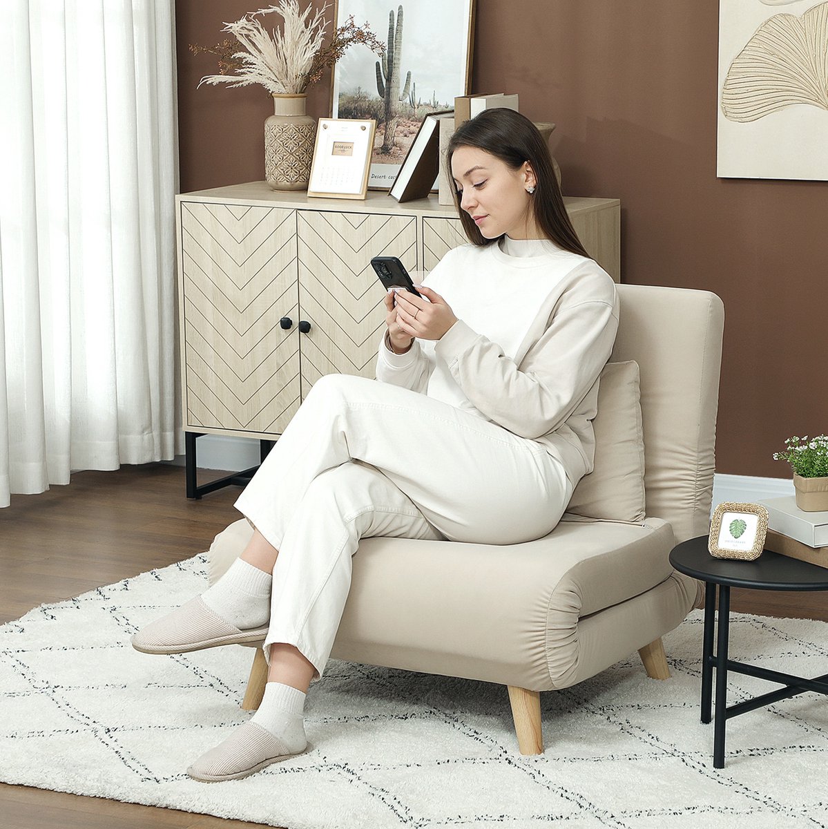 OKWISH Fauteuil 72 x 78 x 79 cm - 2-in-1 Slaapstoel Met 6-Voudig Verstelbare Rugleuning - Voor Woonkamer Of Logeerkamer - Velvet - Beige