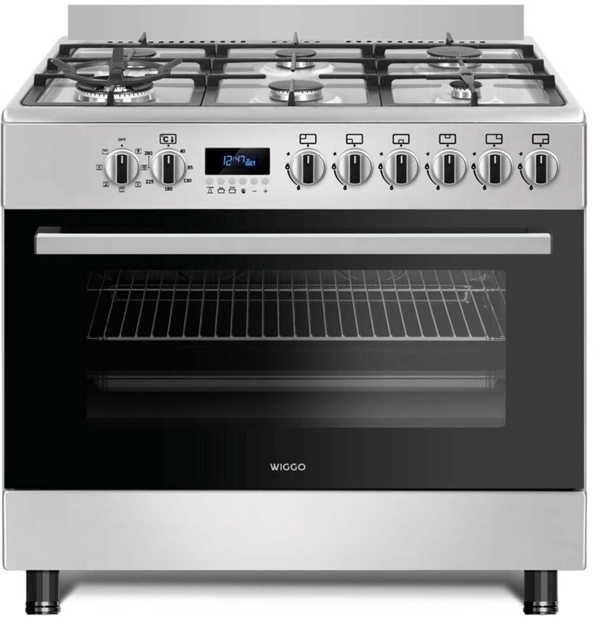 Bol.com Wiggo WO‑E969R(XX) – Vrijstaand gasfornuis – 90 cm – 6 kookzones met dubbele wokbrander – 110L elektrische oven – Roestv... aanbieding
