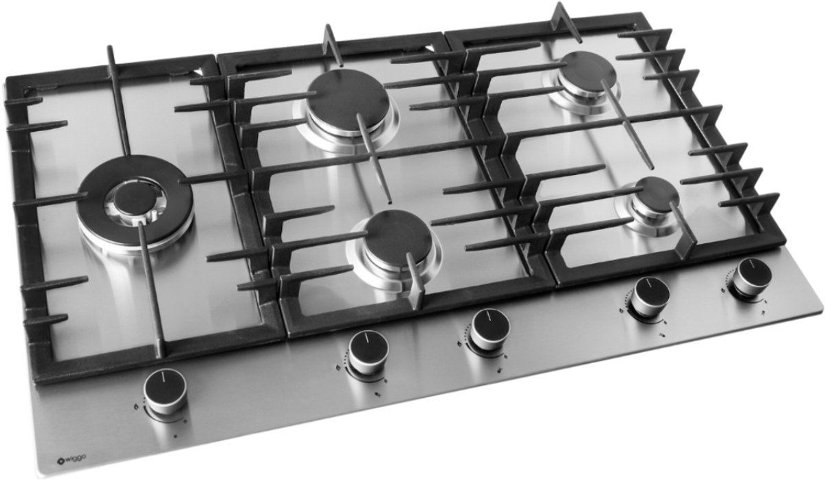 Wiggo WH-G935RR(X) - Inbouw Gaskookplaat - Wok brander - 90 cm - 5 Kookzones - Gietijzeren pannendragers - 5 jaar garantie - Roestvrijstaal