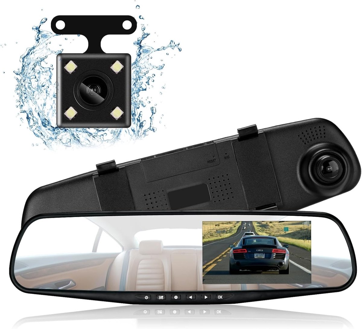 Dash Cam Spiegel - Waterdicht - 1080P Full HD Dual Lens - G-sensor en Parkeermodus - Voor Auto's