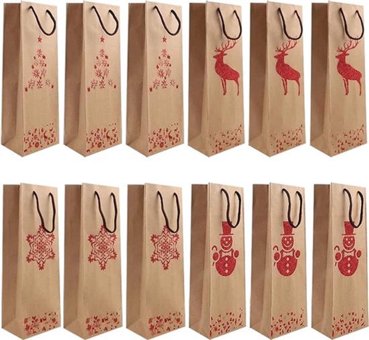 12 stuks premium kerst-wijnzakken kraftpapieren flessen cadeauzakjes met handvat - 36 x 13 x 8 cm
