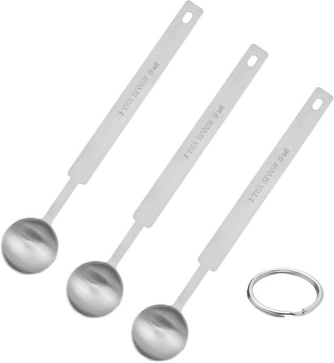 3 x 5 ml maatlepel en 1 x sleutelhanger, maatlepel gemaakt van roestvrij staal, maatlepel, maatlepel, meetinstrument.