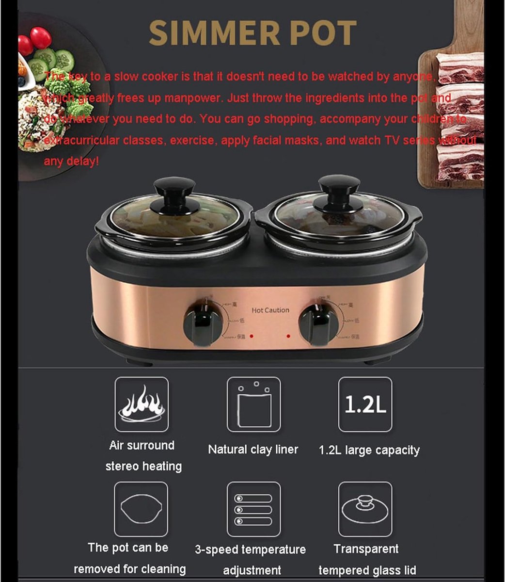Slow Cooker - Stoofpot Braadpan - Langzaam Koken - Drie-dimensionale Verwarming - 1.2L - Zwart – foto 6