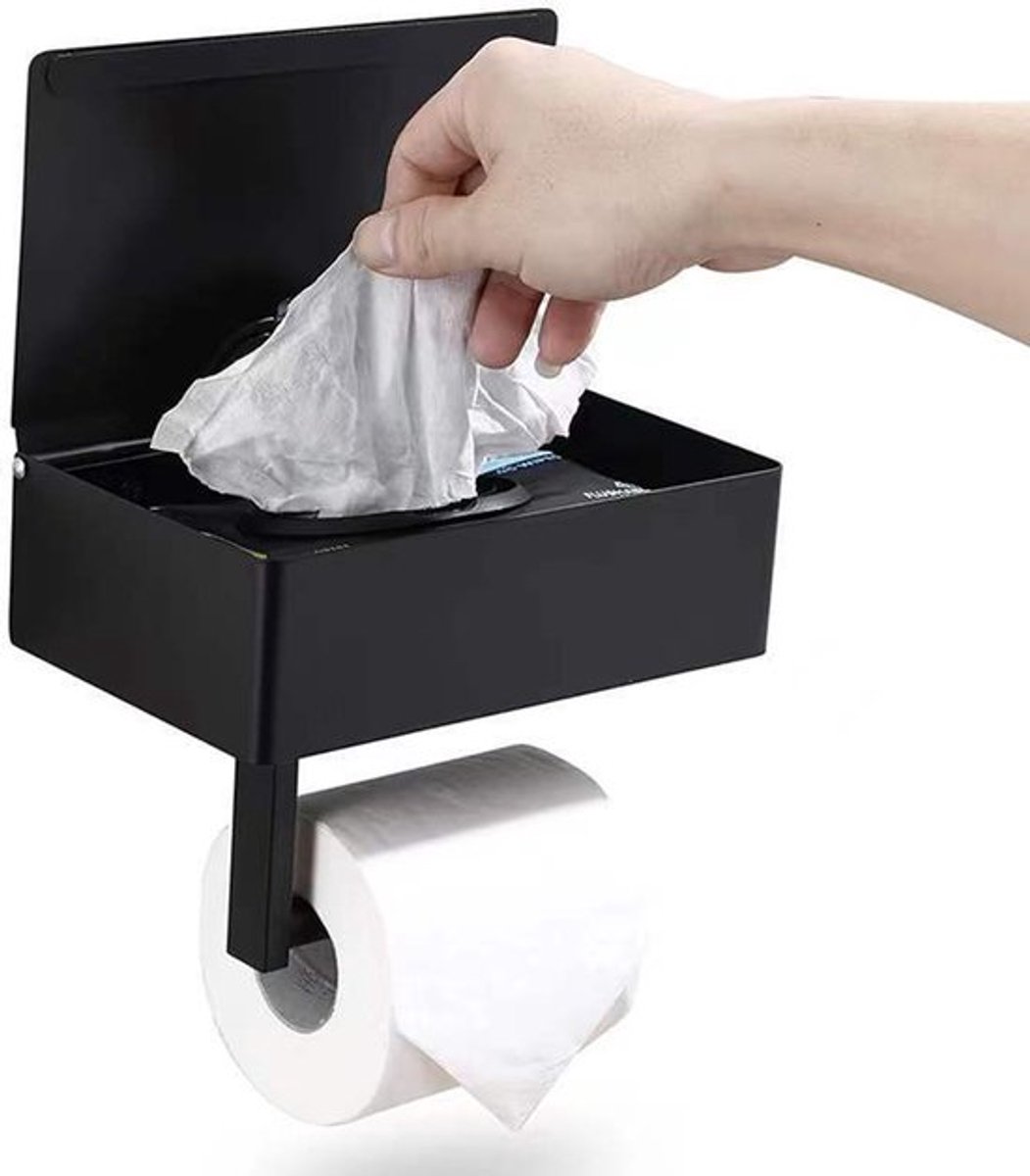 Toiletpapierhouder met vochtige doekjesbox - Boren of Plakken - Toiletrolhouder - Wc-papierhouder - WC Rolhouder - Wc rolhouder met opbergbakje vochtige doekjes - Zelfklevend of Borend - Met tissue houder en plankje - Houder met legplank - Zwart
