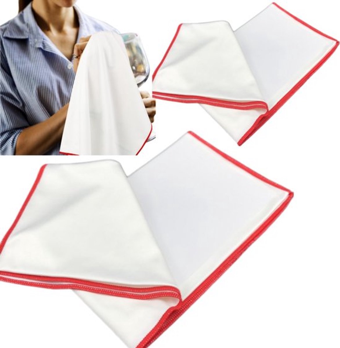 2 stuks Poetsdoek voor wijnglazen - pluisvrije microvezel - glasreinigingsdoek - tafelkleed - 45*60 cm - reiniging en onderhoud van keukengerei - wit met rode rand