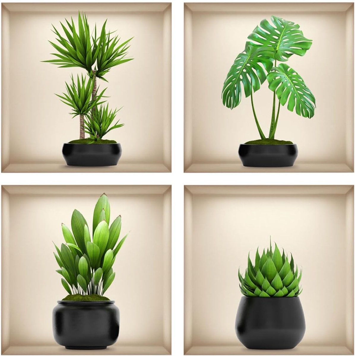 Muurstickers 30x30cm - 3D zelfklevend - Groene potplanten en bloemen - Modern voor woonkamer - ShopVlot