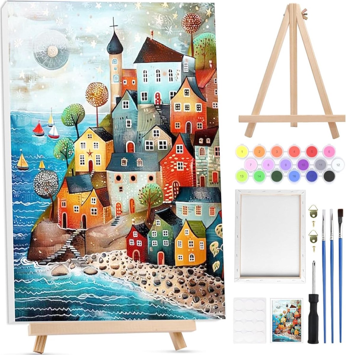 Schilderen op Nummer Set voor Volwassenen - Canvas met Houten Easel - Creatieve DIY Schilderkit voor Thuisdecoratie - SnelShoppen