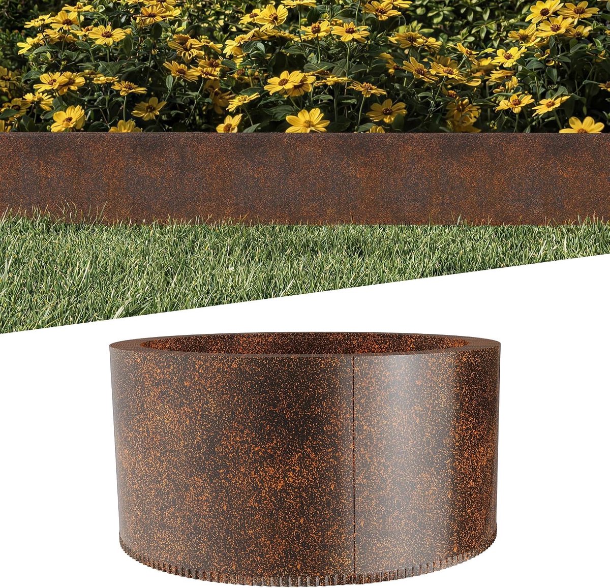 Gazonrand, metaal, 5 m, hoogte 15 cm, bloembedrand, maairand met verbindingsclip en bodemhouder, onkruidblokkering, tuinpalissade, roestbescherming, roestkleur