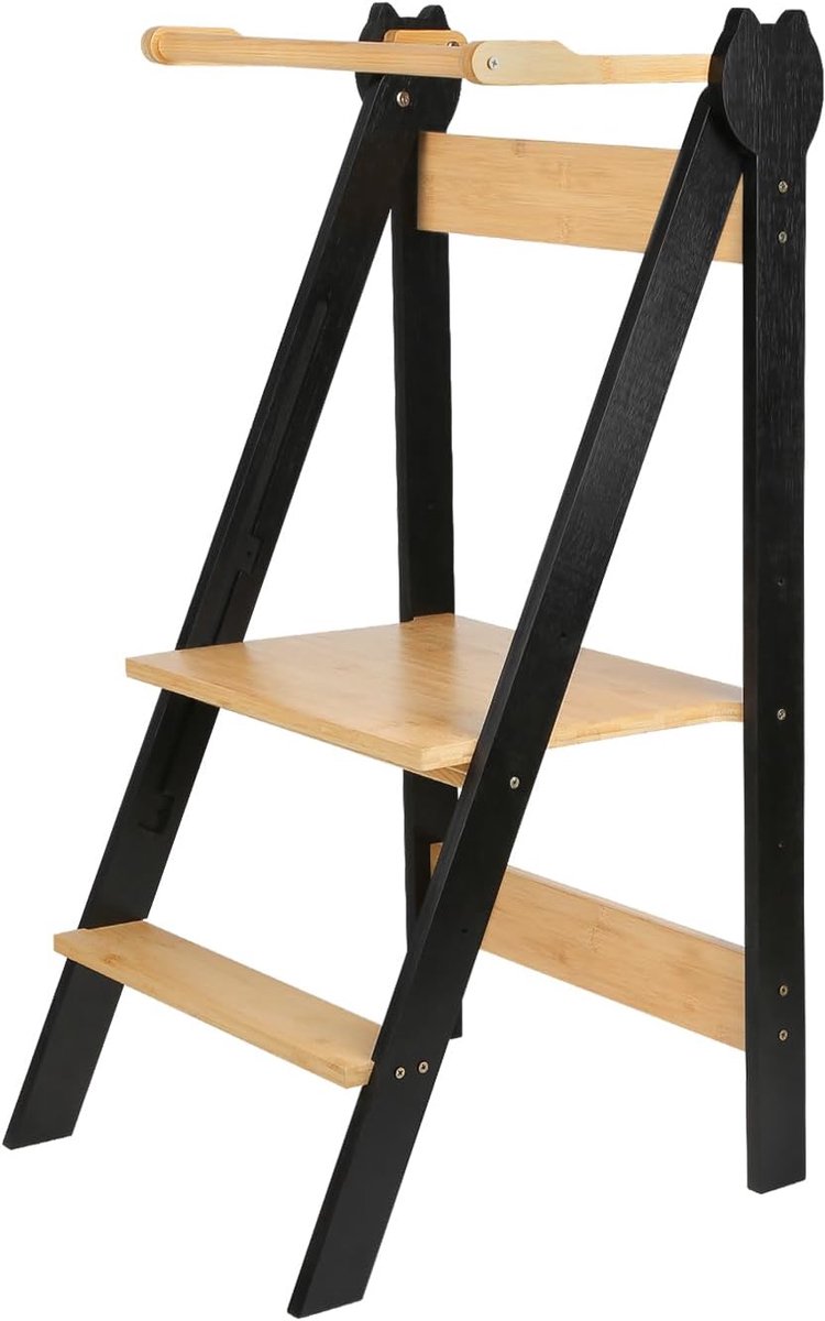 Leertoren van hout, 3 verstelbare niveaus, zwart en naturel, draaibare handgreep, 88 x 45 x 45 cm (zwart)