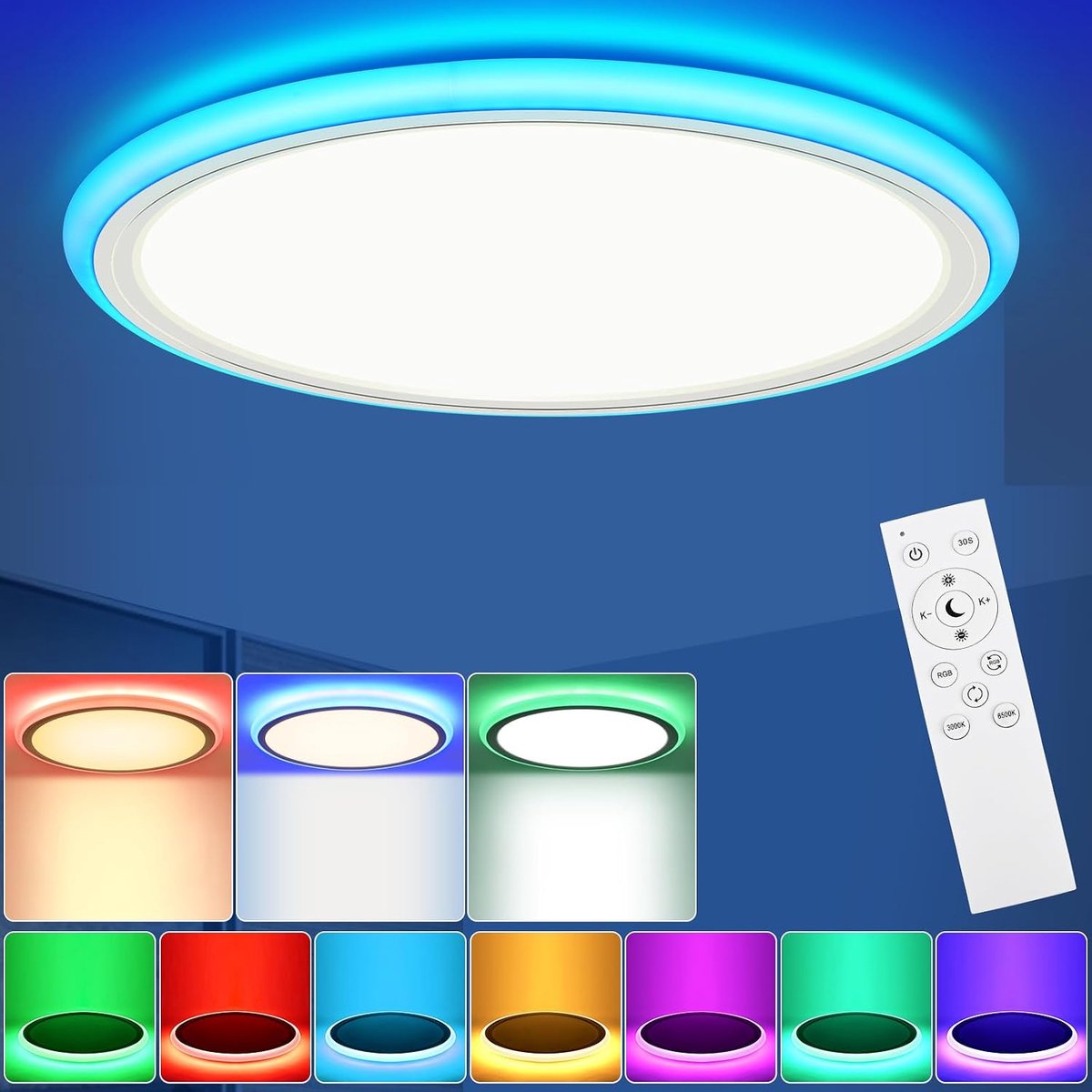 RGB LED Plafondlamp, dimbaar met afstandsbediening, 24W 2400LM LED Plafondlamp dimbaar met kleurwisseling, 3000K-6500K, plat, woonkamerlamp, slaapkamerlamp, kinderkamer, keuken, 33x2,5cm
