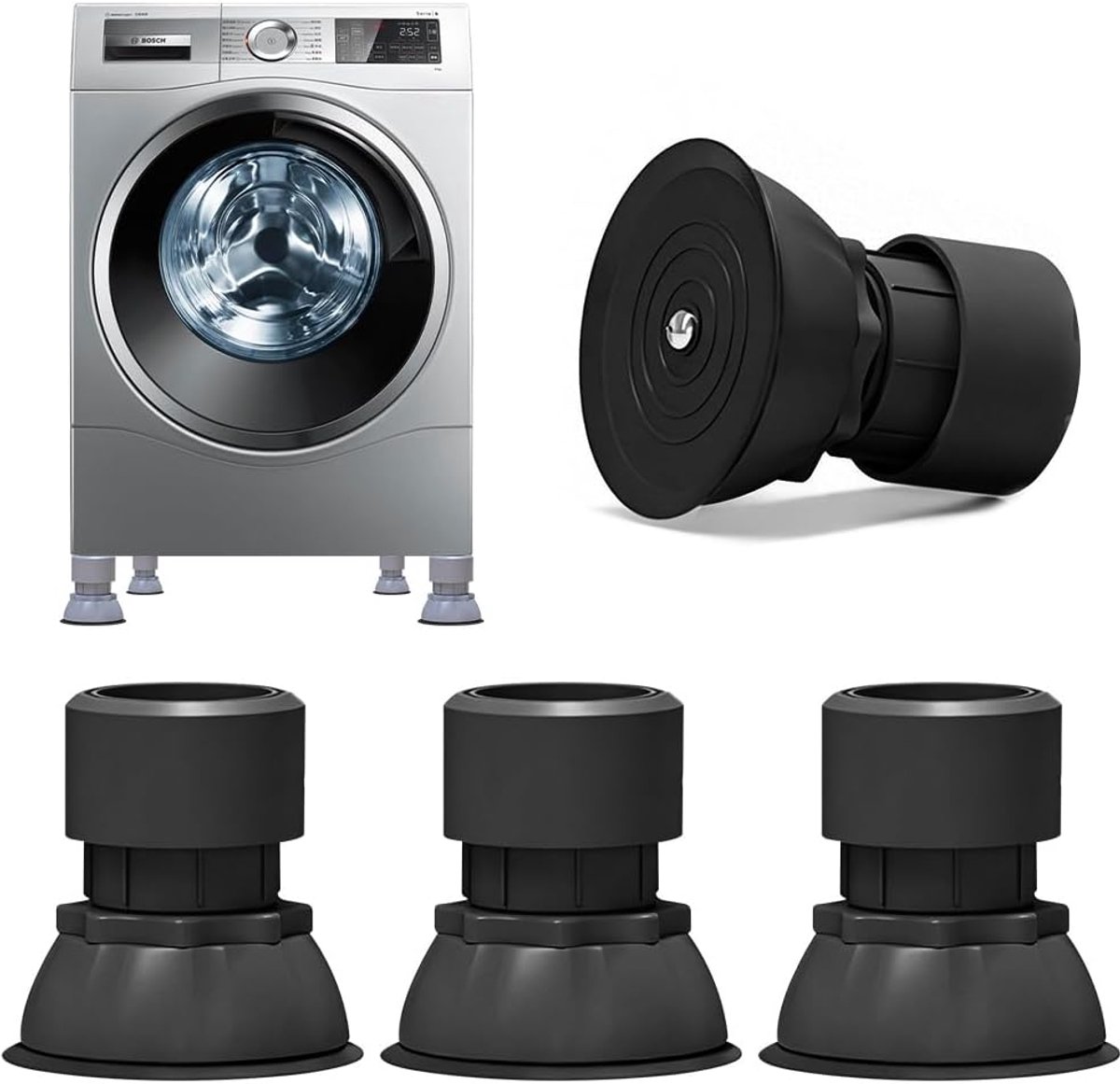 Trillingsdemper wasmachine, 4 stuks verstelbare wasmachinevoetjes, anti-trillingsdemper, anti-trillingsmat, universele trillingsdemper voor drogers en wasmachines (zwart)