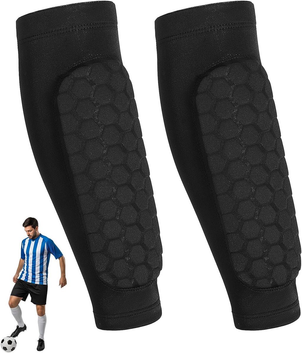 Scheenbeschermers, 1 paar voetbalscheenbeschermers voor jongeren en volwassenen, kuitcompressiemanchetten met honingraatbekleding, ademend, antislip, nylon spandex