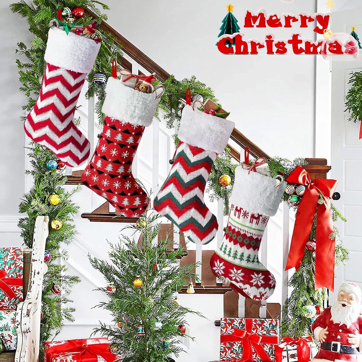Groot, 4 stuks, kerstkous, cadeauzakjes, kerstlaarzen, gepersonaliseerde kerstsokken om op te hangen, voor Kerstmis, open haard, etalage, 24 x 41 cm