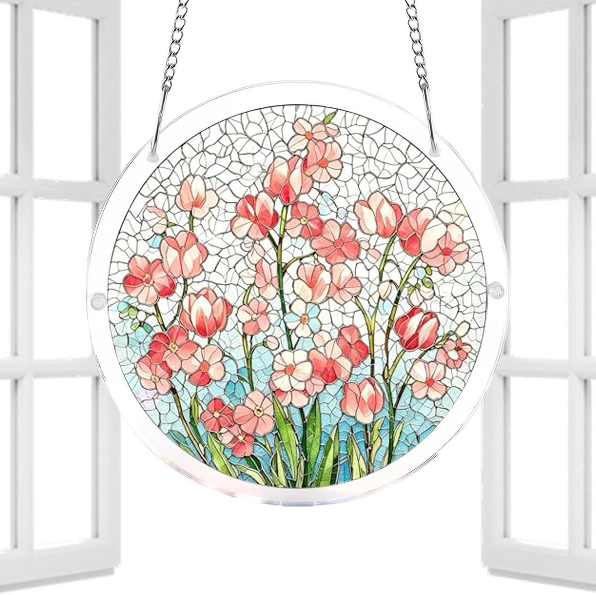 Zonlichtvanger Voor Het Venster 2D Platte Ronde Decoratie Met Ophangketting | Acryl Vensterornament Kleurrijke Decoratie voor Tuin Slaapkamer Woonkamer Balkon Entree Moeder Vrouwen Meisjes