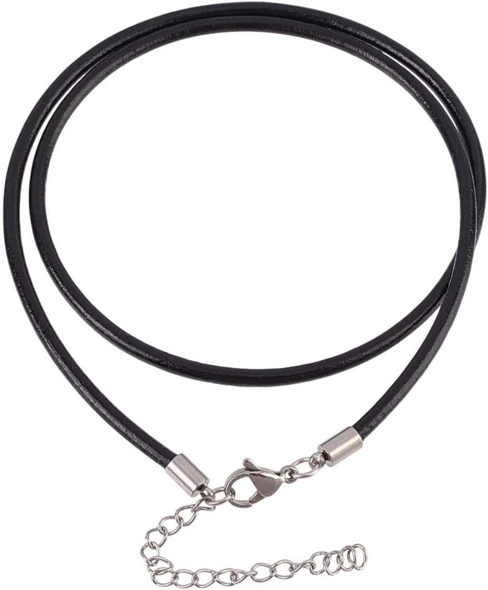 Koordketting van fijn echt leer, 3 mm, echt lederen ketting, rond, zwart, 46 cm, met zilverkleurige sluitingen, roestvrijstalen verlenging voor mannen en vrouwen, 10 stuks