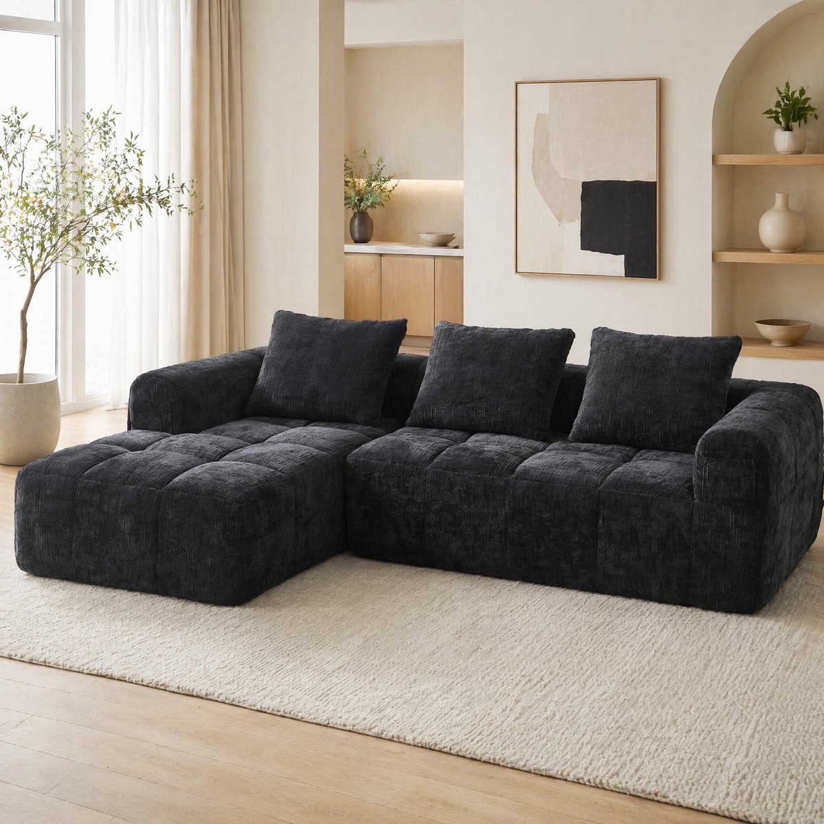 MEUNIQ L-hoekbank 250 x 158 x 60 cm met chaiselongue, 3 kussens en zijvak, chenille in zwart voor woonkamer