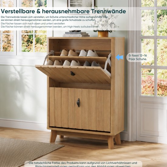 STILVORA Schoenenkast - Smal Vrijstaand Klapmodel Met Verstelbare Planken En Anti Kantel - Voor Hal En Entree - Eikenhoutkleur - 60x24x94 Cm — afbeelding 2