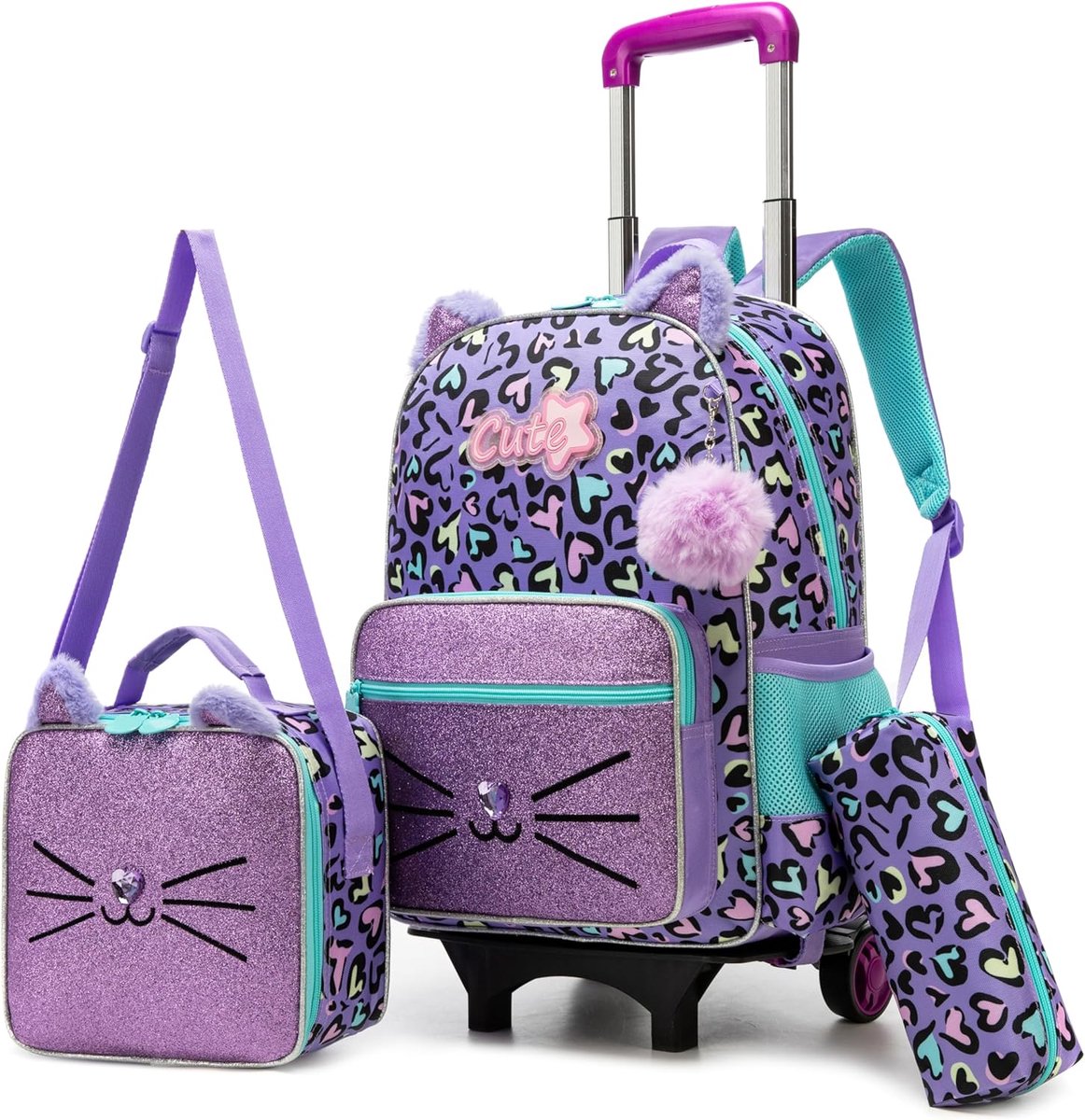 Rolrugzak meisjes 16,5 inch - paarse kat - met wielen en lunchbox - ideaal voor school - ShopVlot