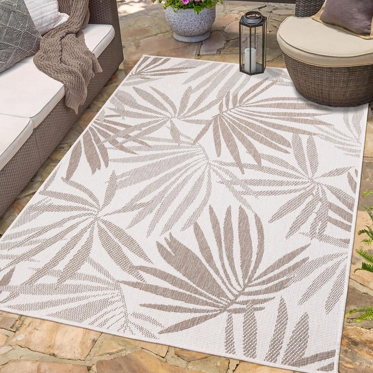 Carpet city Indoor en outdoor vloermat, beige, crème, omkeerbaar tapijt, 160 x 230 cm, bloemenpatroon, weerbestendig voor balkon, terras, moderne tapijten voor binnen en buiten, woonkamer, keuken