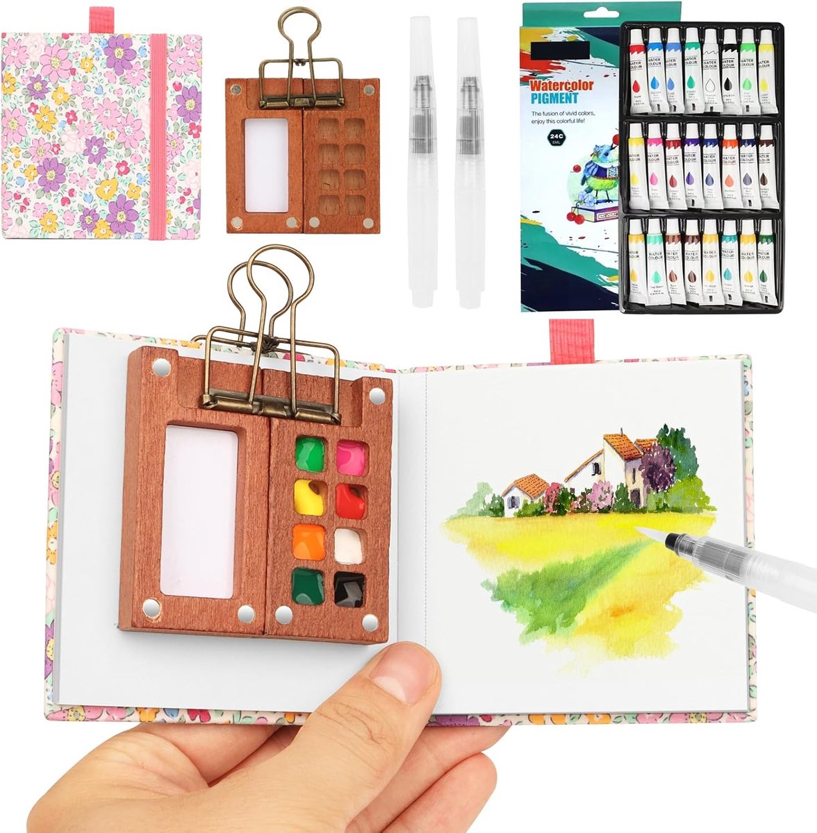 Aquarelset, Mini Aquarel Reisset met Binderclips, Mini Aquarel Doos, Houten Zakkunstenaar Aquarel Reisset, Schetsboek Paletset met 8 Vakjes voor Schilders, Kunstenaars, Studenten