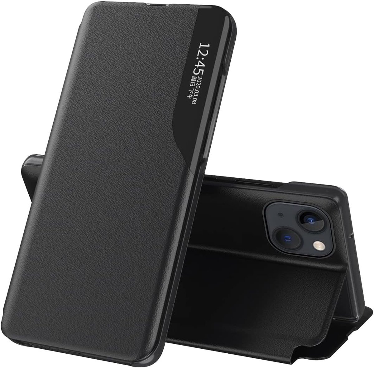 Hoes voor Samsung Galaxy A36, premium pc + PU-leren beschermhoes, spiegelcover, clear view case, flip, intelligente telefoonhoes met inklapbaar, zwart QH3