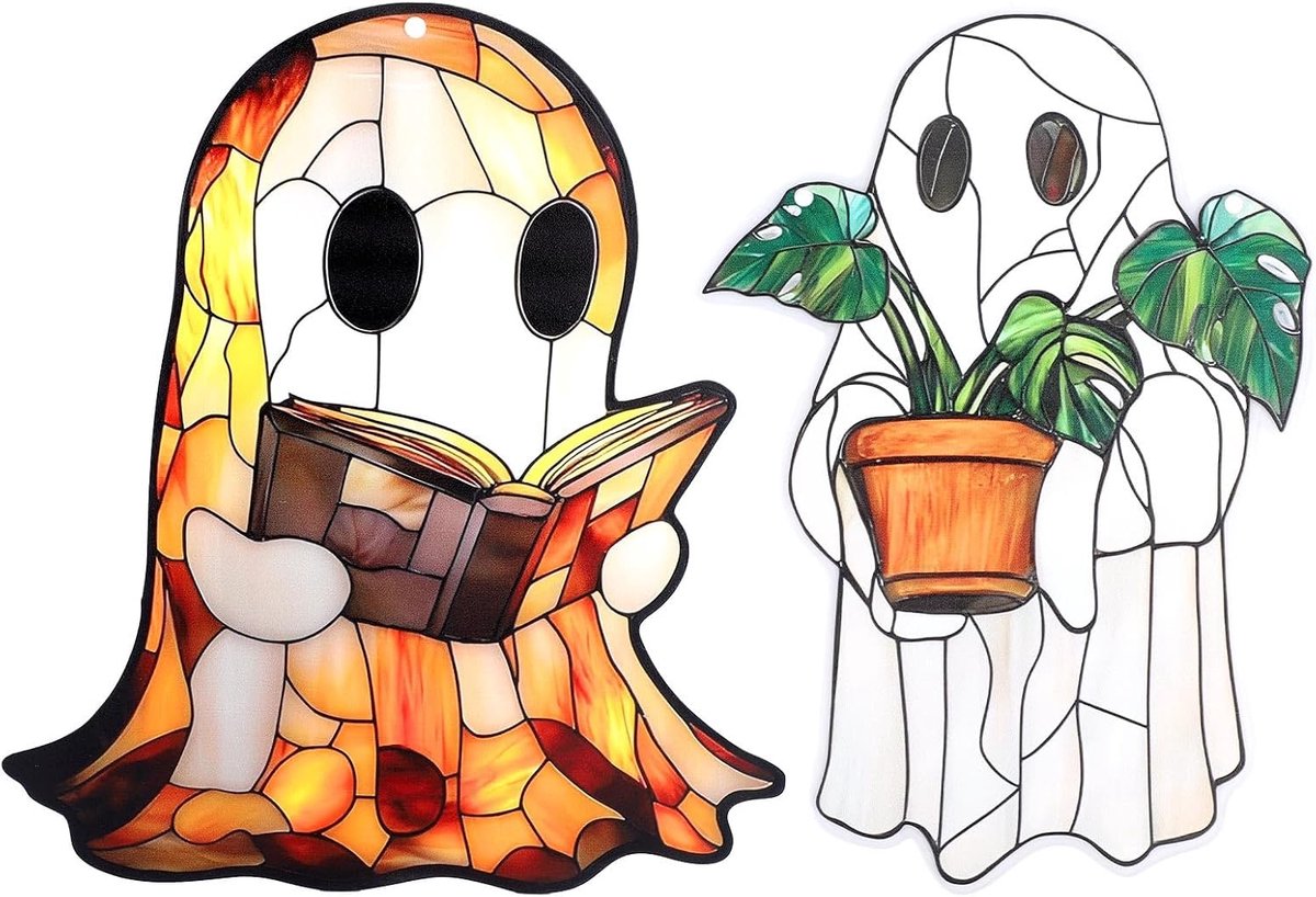2 Stuks Schattige Hangende Decoraties met Spoken, Halloween Acryl Raamdecoratie Leuke Wanddecoratie met Spoken en Plantenthema voor Thuis Tuin en Buiten (Boek, Plant)