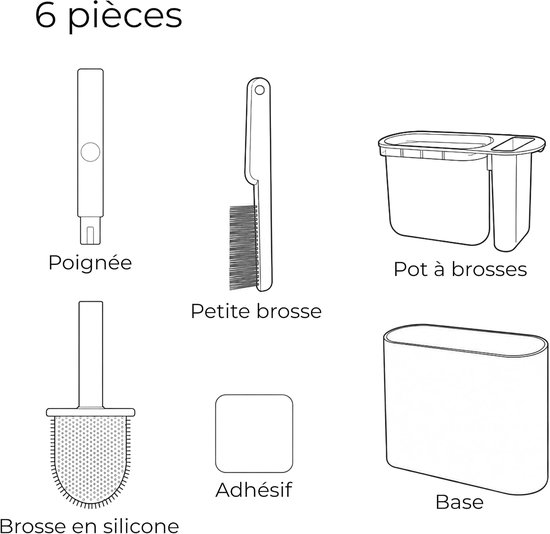 Siliconen toiletborstel met 2-in-1 standaard - Toiletborstel met geïntegreerde mini-borstel - Lijm, wand- of vloerbevestiging - Snel drogend - Gekozen kleur - 2 borstels — afbeelding 5