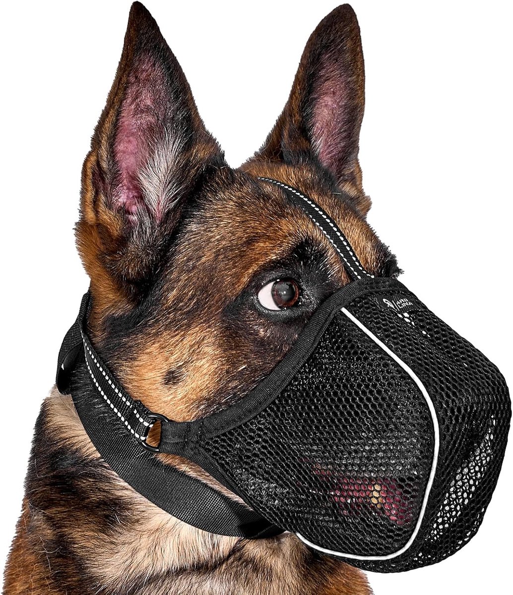 Hondenmuilkorf, zacht net, ademende muilkorf voor kleine, middelgrote en grote honden, antislip, verstelbare muilkorven met drie riemen en lichtreflecterende inrijgen, zwart, XL