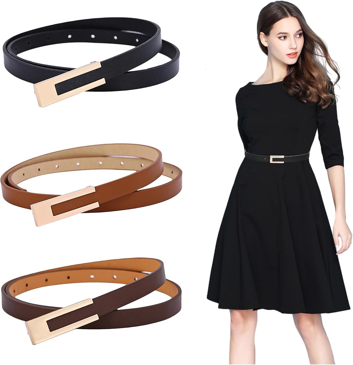 3 stuks leren riem, smalle riem, leer, skinny riem, verstelbare taille, dames, smalle tailleriem, leren riem met gouden gesp, voor jurk, broek, jeans, zwart, NO