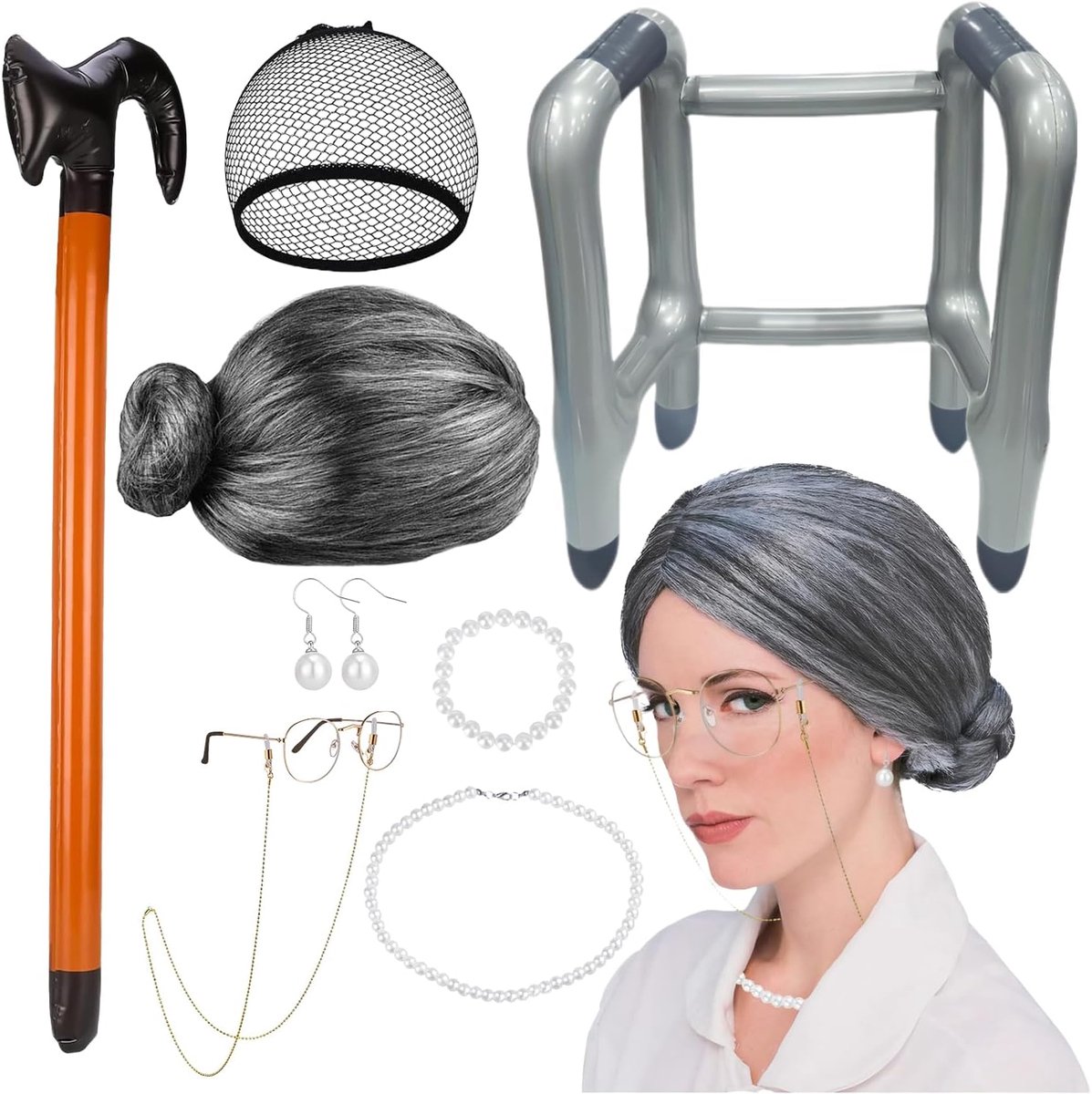 9 stuks oma-kostuum, gepensioneerkostuum, pruik, grijze brilkettingen, pareloorbellen, armbanden, halskettingen, wandelstokken, haarnetten, opblaasbare loophulp voor rollenspel, Halloween, carnaval