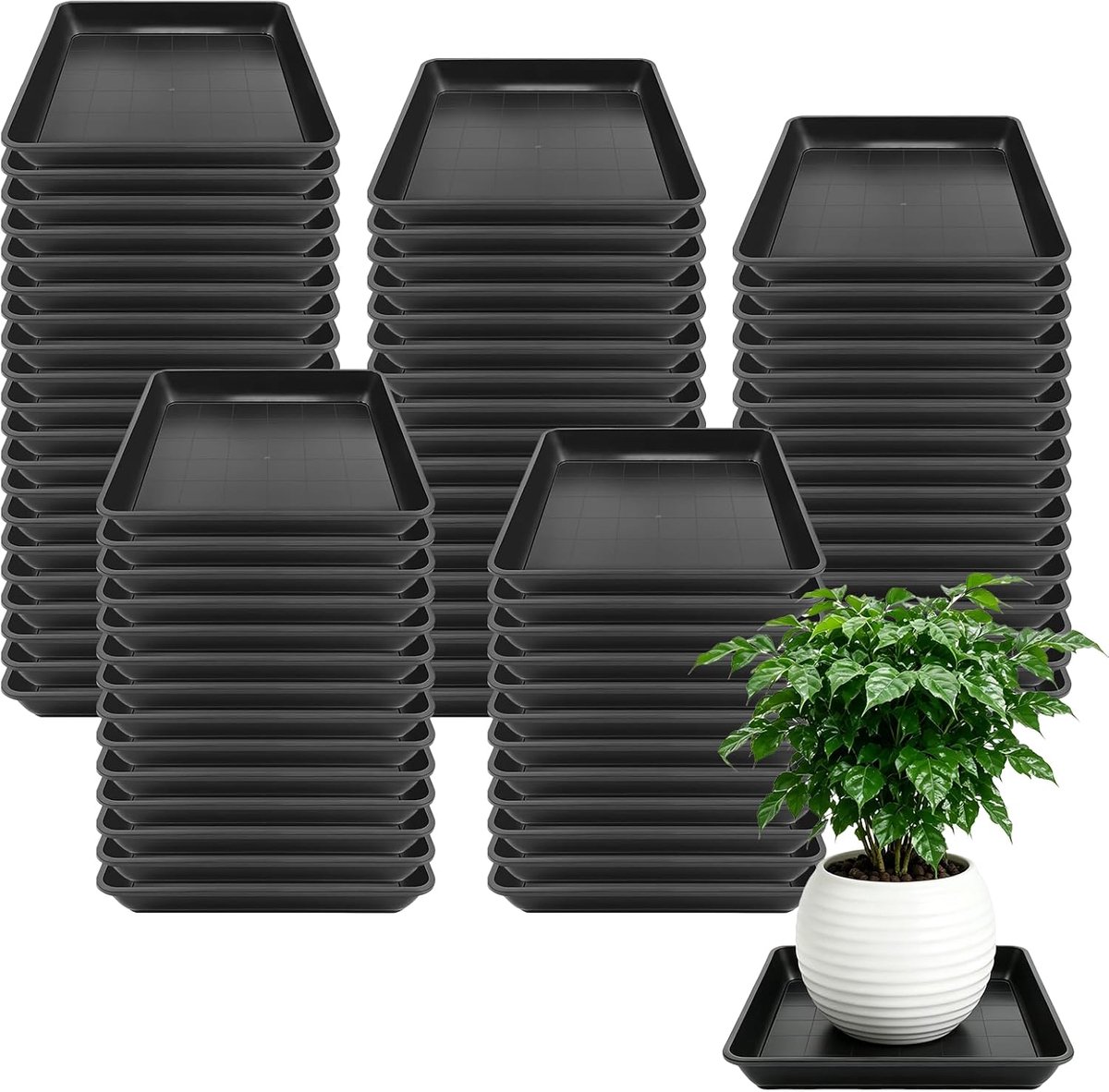 4 stuks bloempotonderzetters, vierkant, vierkante onderzetters, bloempot, kunststof, plantenbak, vierkante plantenbak voor binnen en buiten, zwart