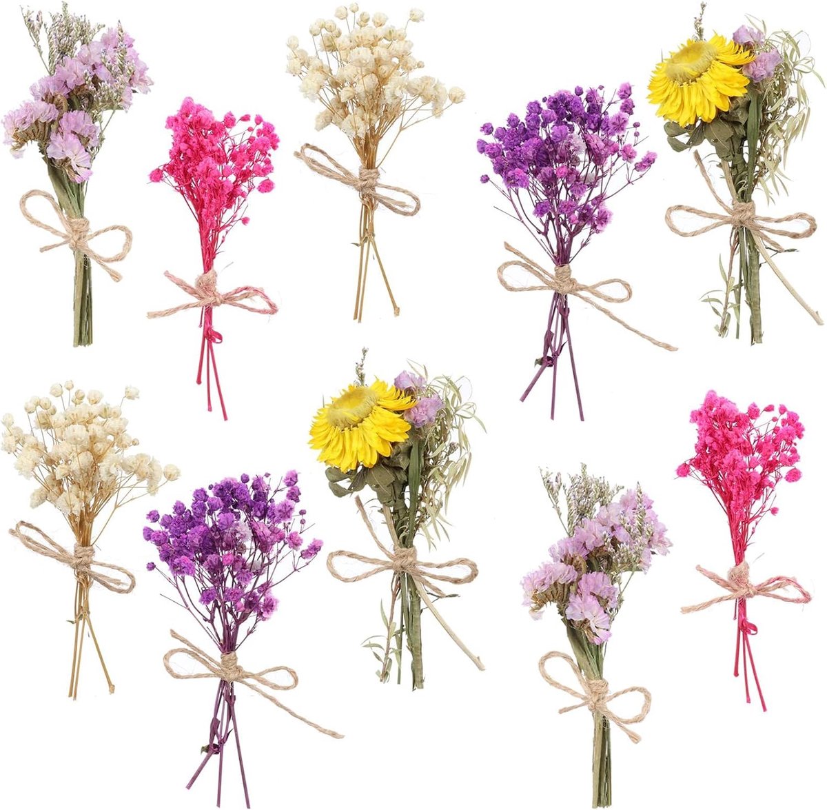 Gedroogde bloemboeketten, 14-15 cm handgemaakte natuurlijke rustieke gedroogde bloemen met jute touw, boho kleine bloembundels voor bruiloftsfeest, tafelstuk, doe-het-zelfambachten