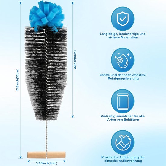 Reinigingsborstel voor SodaStream flessen, 35 cm, ergonomische handgreep, witte haren, groene spons — afbeelding 5