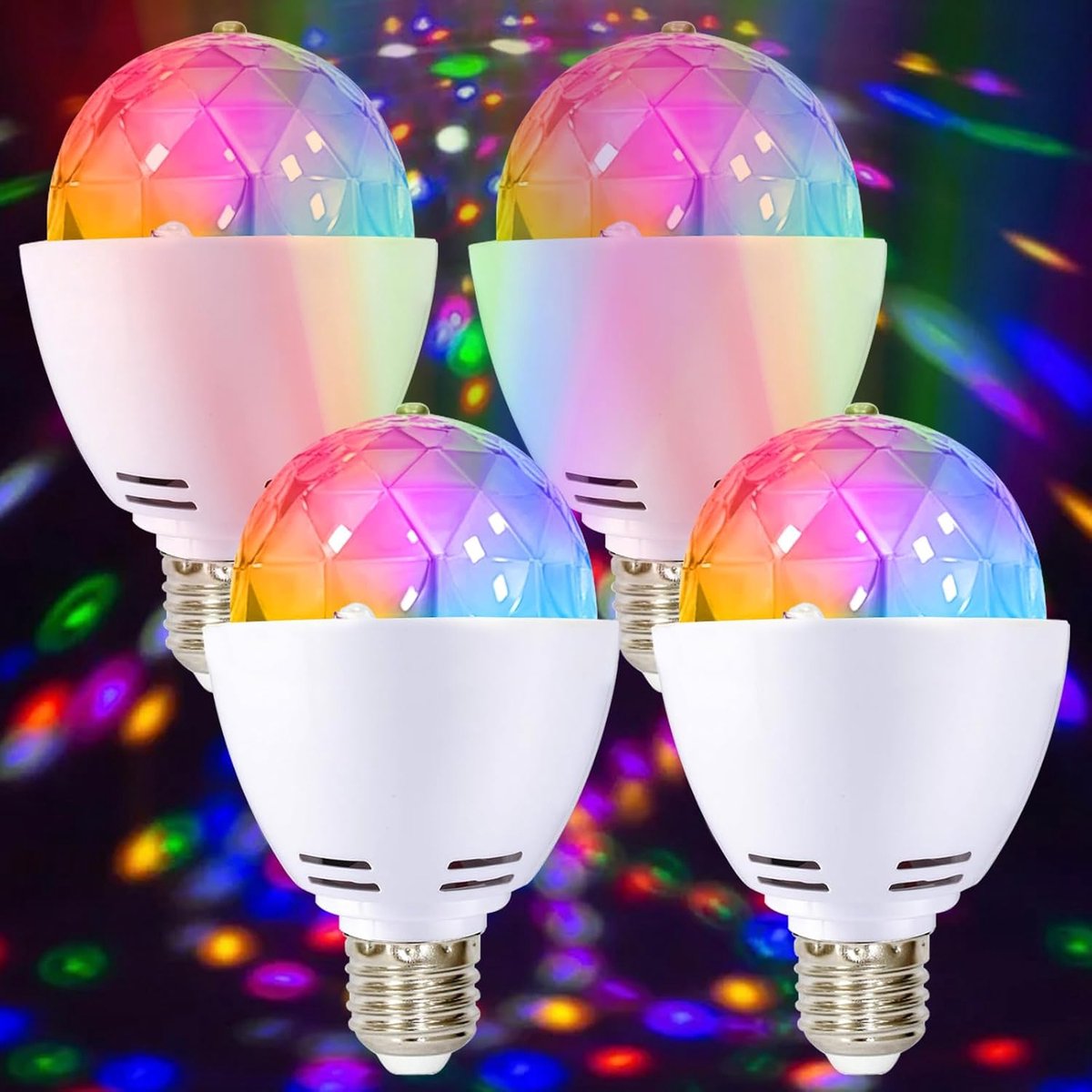 4 stuks LED-partylampen, E27, 3 W, RGB, discobal, 360 graden draaibaar, voor bruiloft, verjaardag, Halloween, Kerstmis