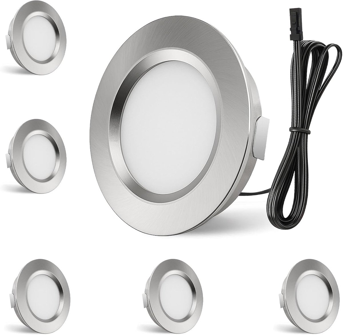 Set van 3 led-inbouwspots, dimbaar, 12 V, 3,5 W, 3000 K, warm wit, plat, 12 V, 300 lm, boorgat 55-58 mm en 15 mm, meubelinbouwspot, inbouwspot, led-spot 12 V, met 2 m kabel (geborsteld nikkel-6)