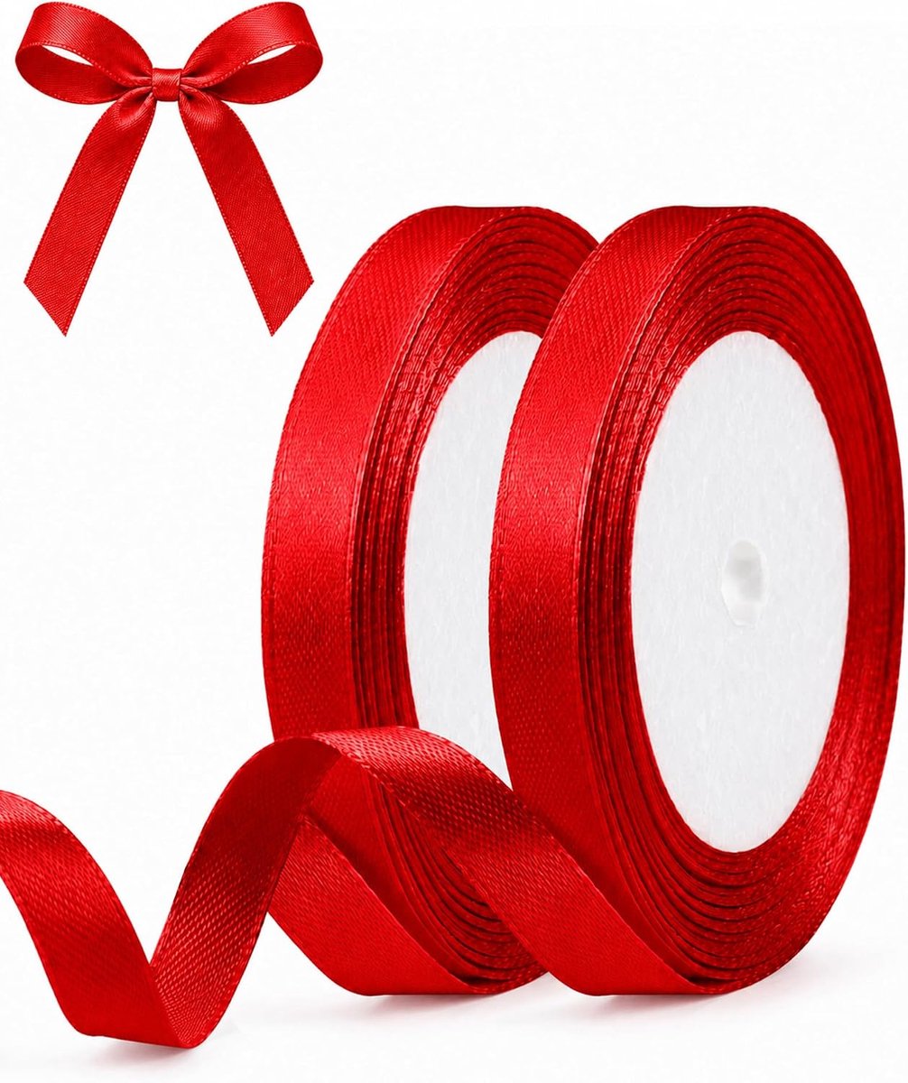 2 Satijnen Lint 10 mm Cadeaus, Decoratie, Knutsel, Bruiloft Rood | 2 Rollen Satijnen Lint 10mm X 44m, Elegant, Sterk En Perfect Voor Cadeaus En DIY