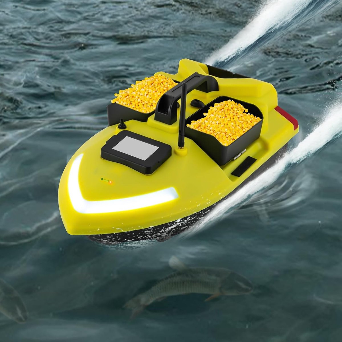 49 x 26,4 x 28,1 cm voerboot, aasboot, baitboat visaas, RC karpervissen, viszoeker, draadloos, nachtvissen, aas, met afstandsbediening, gps vissen, aas, visaas, 500 m (geel)
