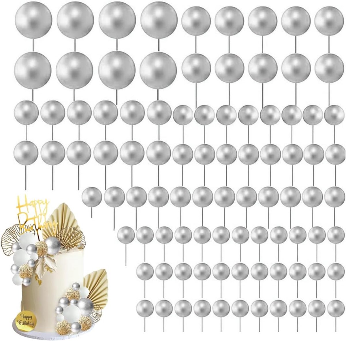 60 stuks taarttoppers, taartdecoratie ballen, mini-ballonnen, taarttopper voor bruiloft, feest, babyshower, verjaardag, taartdecoratie (zilver)