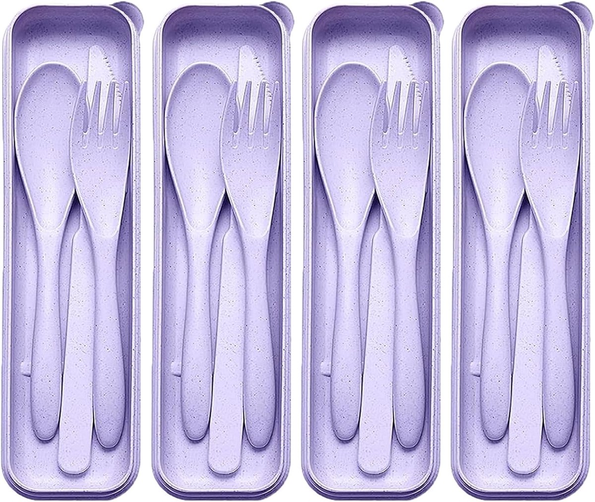 Bestek met etui, 4 sets draagbaar plastic bestek voor kantoor, school, reizen, camping, picknick (paars)