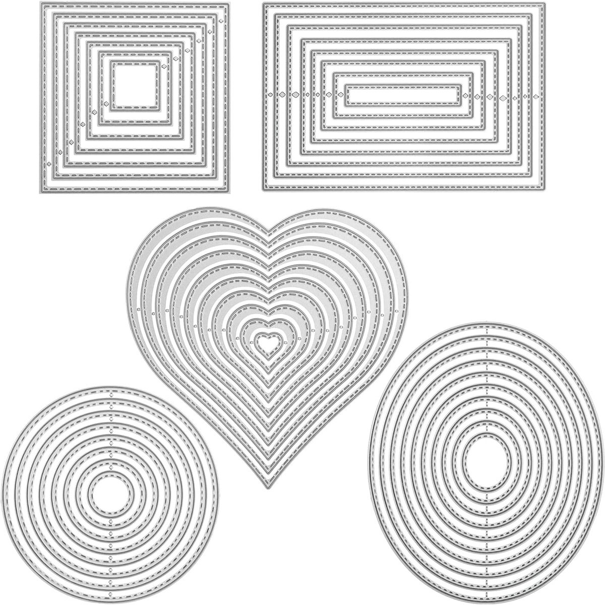 5 stuks stanssjablonen, geometrische set, stansvormen, vierkant, rechthoekig, cirkelvormig, rond, ovaal, hart, frame, snijden, reliëfsjablonen, reliëfsjablonen, stanssjablonen voor scrapbooking, album, kaarten, knutselen