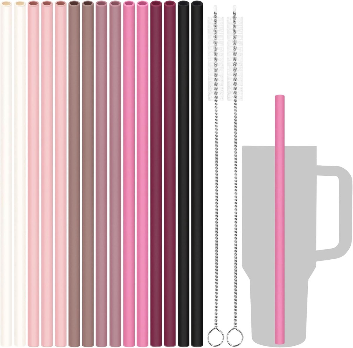 Herbruikbare siliconen drinkrietjes, 15 stuks, met reinigingsborstels voor Stanley Tumblers 40 oz 30 oz 20 oz, geluidsvrij, BPA-vrij, voedselveilige siliconen verstelbaar voor