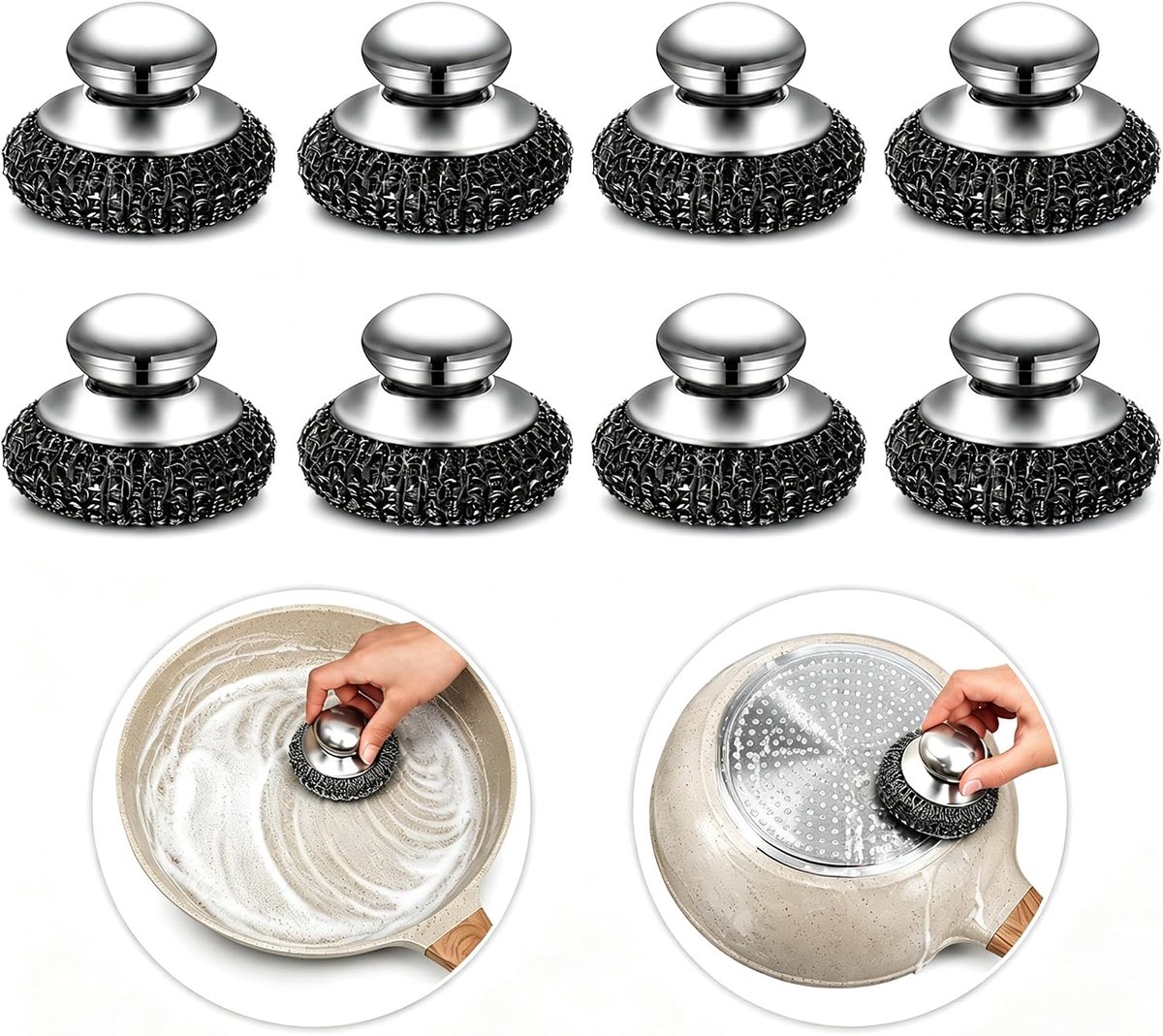 Sponzen met roestvrijstalen handgreep, robuuste stalen spons van gerecycled staal, ideaal als roestvrijstalen spons voor potten, pannen en grill, robuust tegen hardnekkig vet