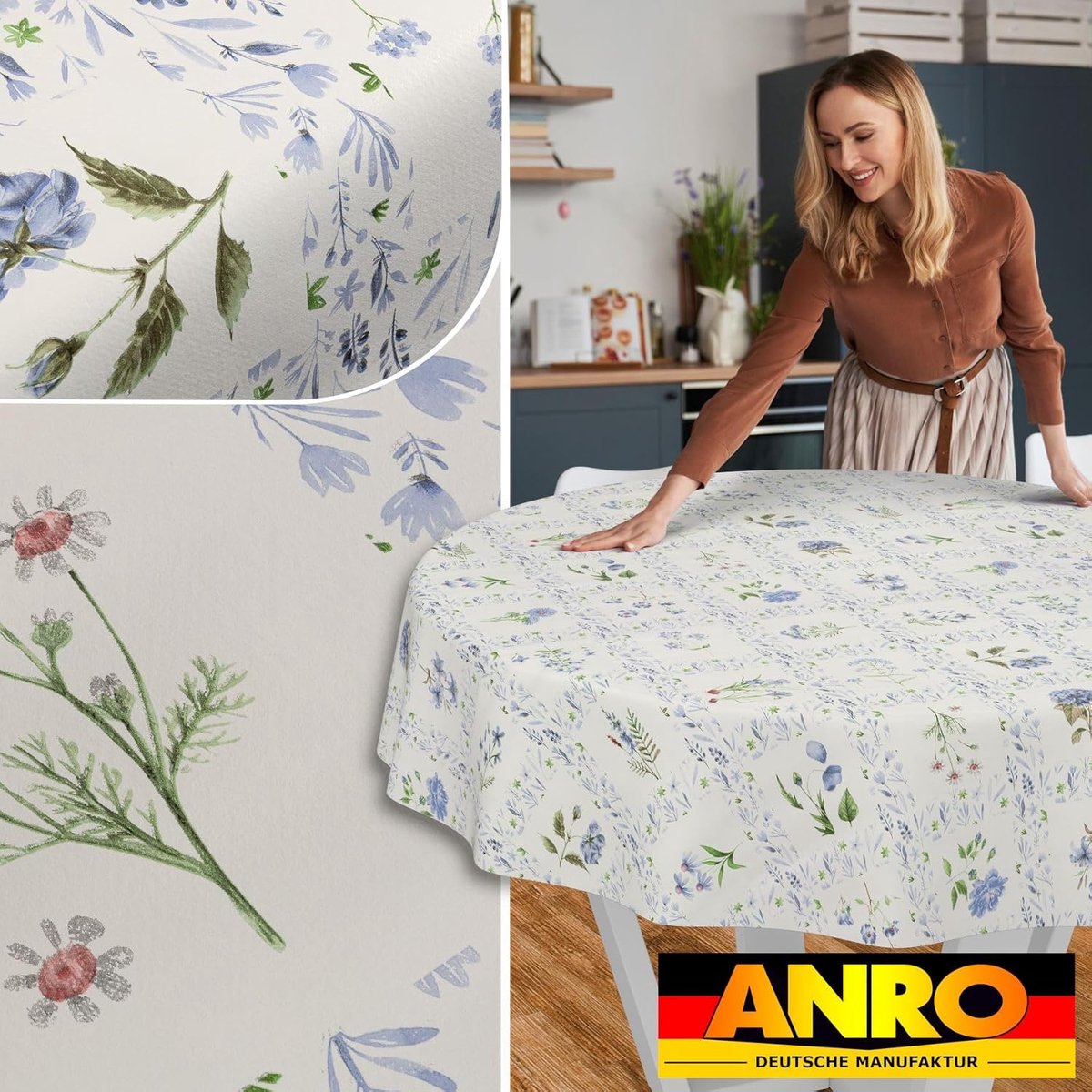 Wasdoek tafelkleed wasdoek tafelkleed wasdoek tafelkleed afwasbaar tuintafelkleed waterafstotend rond 120cm snijrand bloemenruit blauw