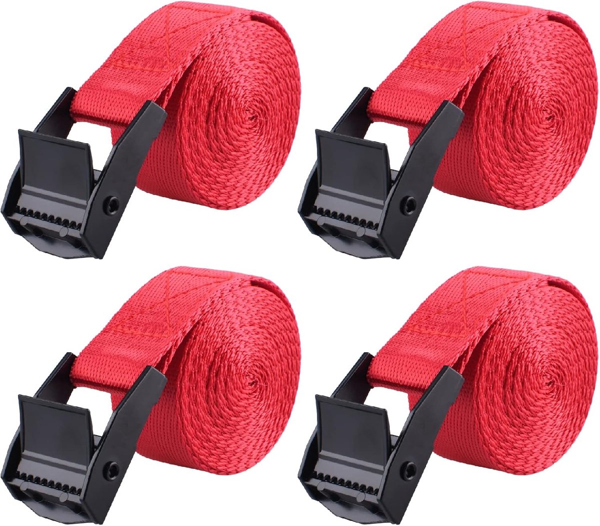 Cinch sjorbanden van duurzaam nylon met nokkengespen, voor ladingen, vrachtwagen, boot, motorfiets, SUP, kajak, kano, aanhanger (3 m, rood, 4 stuks)