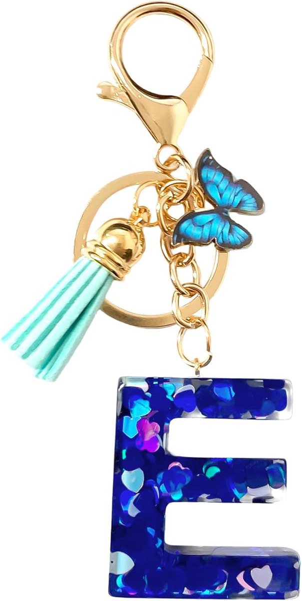 Gepersonaliseerde Sleutelhanger, Sleutelhangers Vrouwen Schattige Sleutelhanger Gepersonaliseerde Sleutelhanger Tas Sleutelhanger Alfabet Sleutelhanger Met Vlinder (Blauw-E)