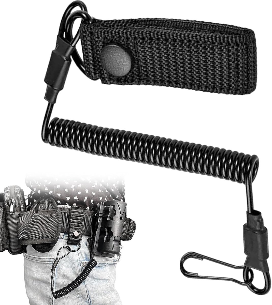 Lanyard, elastische spiraalkabel met 2 karabijnhaken – houder voor politie-uitrusting, sleutelhanger, zaklamp holster, opbergslang & sleutelkoord (zwart)