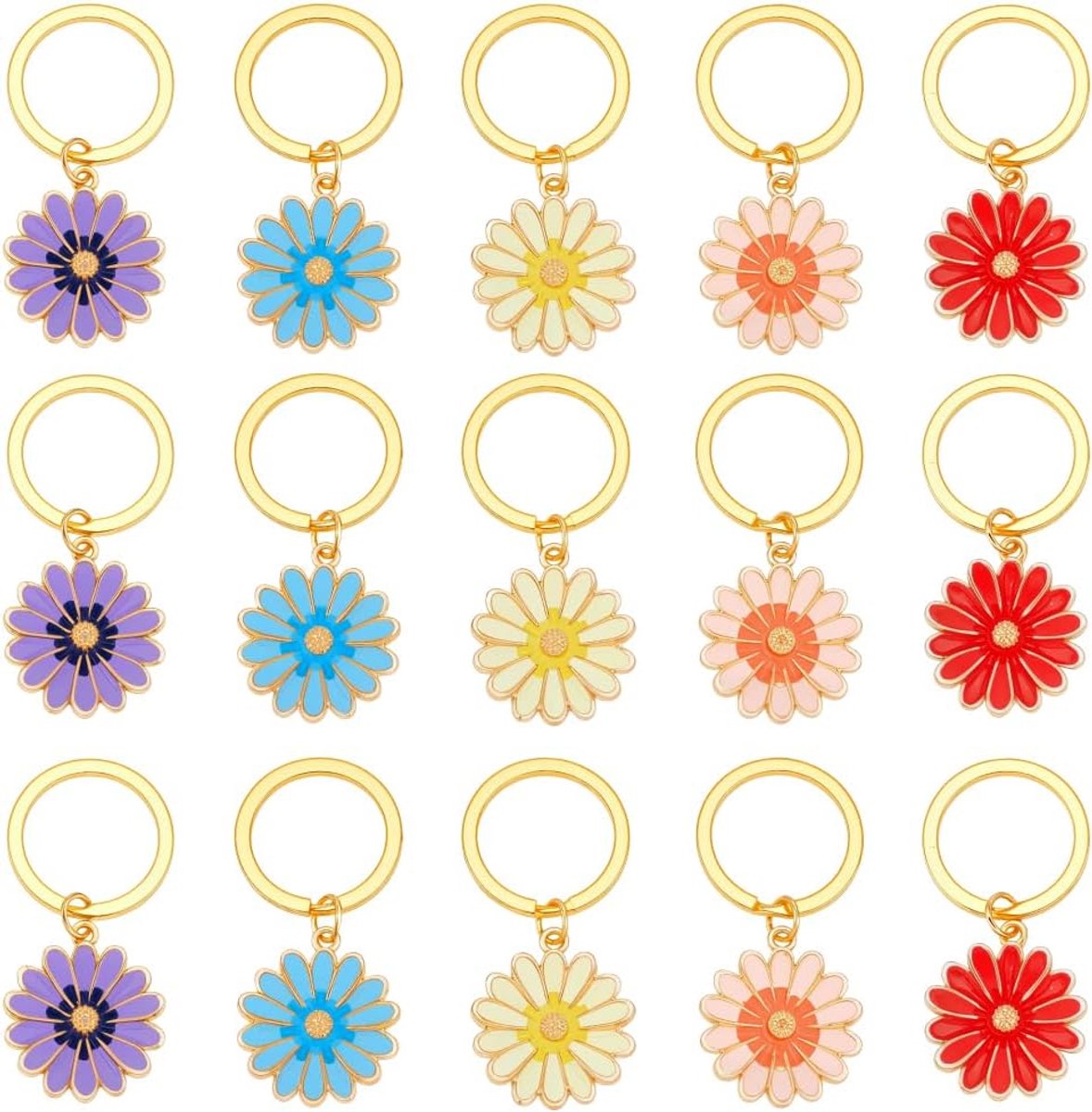 15 Stks 5 Kleuren Daisy Bloem Sleutelhangers, 5.4Cm Legering Emaille Bloem Sleutelhanger Emaille Hanger Sleutelhanger Voor Tas Charm En Portemonnee Accessoires