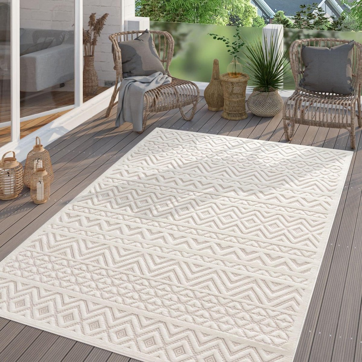 Home Tuin Vloerkleed Tapijt Voor Binnen En Buiten Balkon Keuken Tapijt Boho 3D Scandi Modern Effen Kleur, Kleur:Crème, Maat:140x200 cm