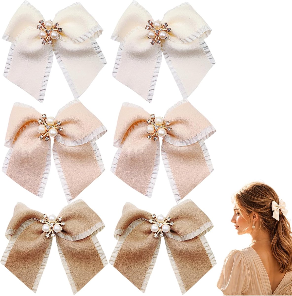 Haarstrik voor meisjes 9x9cm - stof roze crème - met parels en rhinestones - perfect voor elke gelegenheid - SnelShoppen