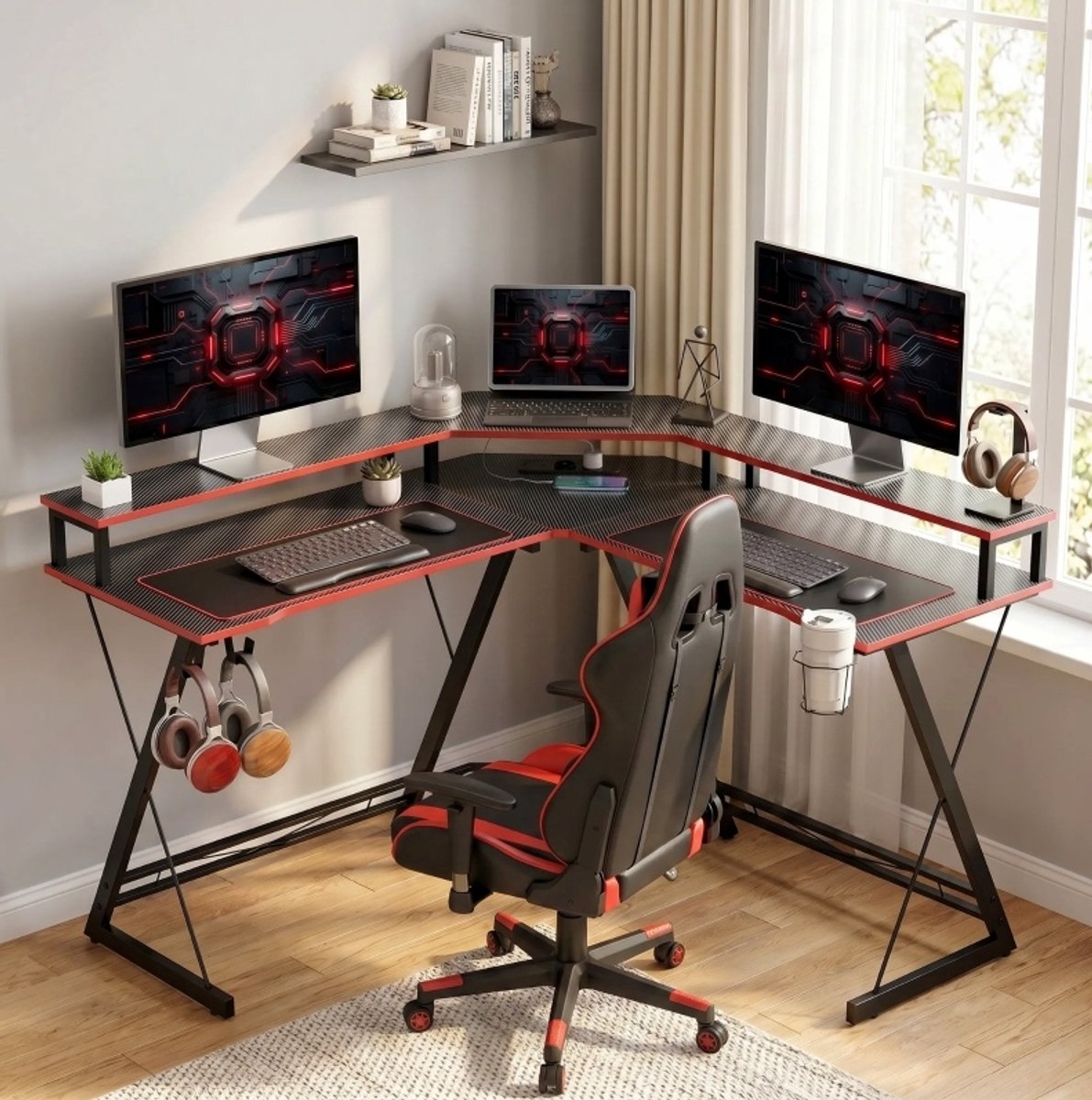 STILVORA Hoekbureau - L Vormig Bureau Met Monitorstandaard, Stopcontacten En Usb Poorten - Gaming En Werkplek - Zwart - 128x128 Cm